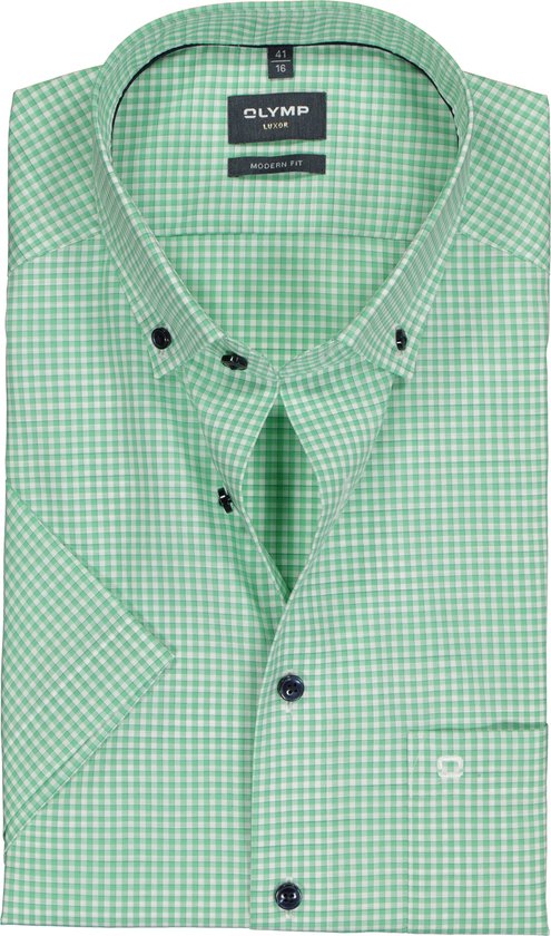 OLYMP modern fit overhemd - korte mouw - popeline - groen met wit geruit - Strijkvrij - Boordmaat: