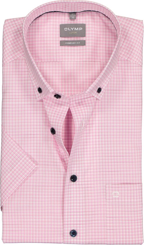 OLYMP comfort fit overhemd - korte mouw - popeline - roze met wit geruit - Strijkvrij - Boordmaat: 42