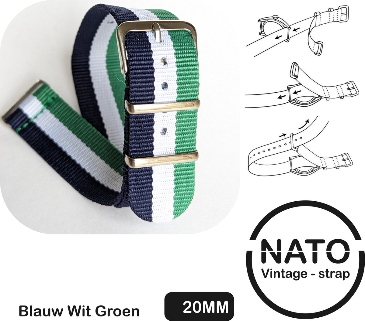20mm Premium Nato Strap Groen Wit Zwart - Vintage James Bond - Nato Strap collectie - Mannen - Horlogeband - 20 mm bandbreedte voor oa. Seiko Rolex Omega Casio en Citizen