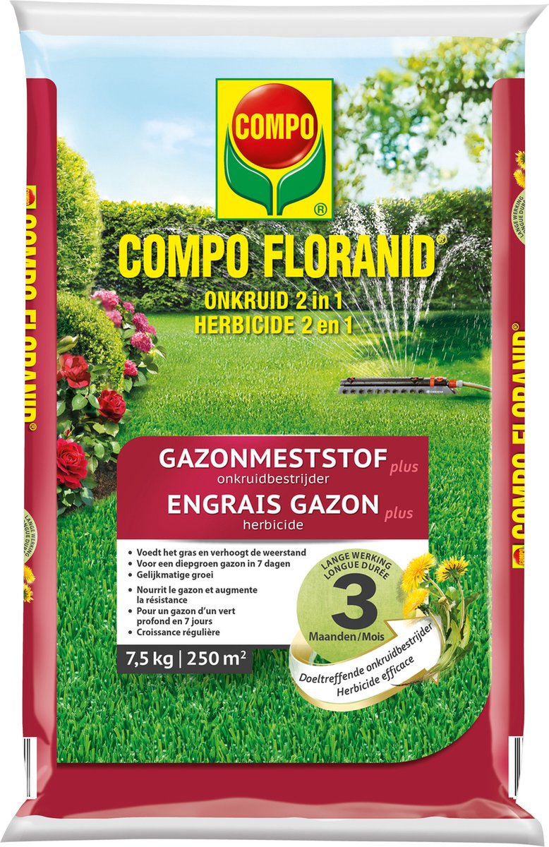 COMPO Gazonmeststof plus Onkruidbestrijder - lange werking 3 maanden - diepgroen gazon in 7 dagen - doos 7,5 kg (250 m²)