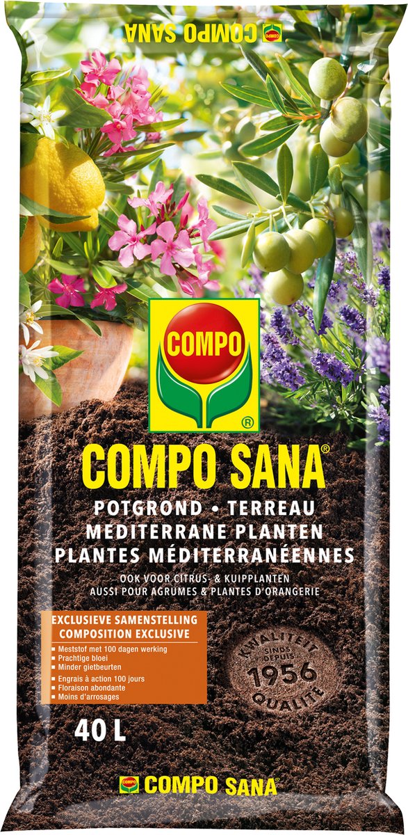 COMPO SANA Potgrond Mediterrane Planten - incl. meststof 100 dagen lange werking - voor gezonde planten en een prachtige bloei - optimale waterhuishouding - zak 40L