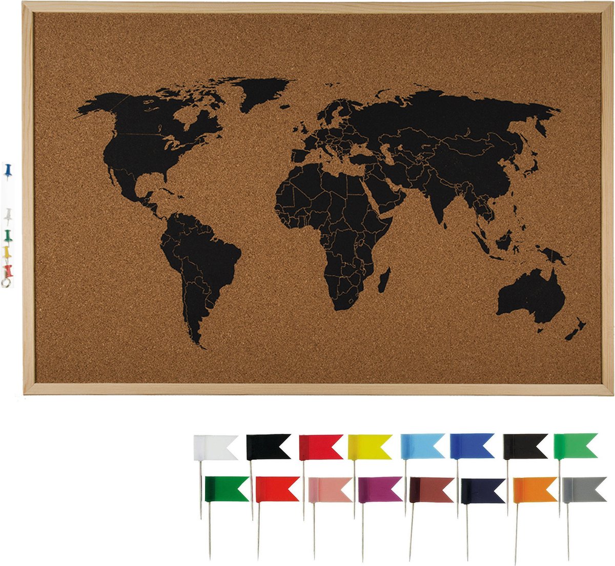 Carte du monde en pinboard avec 20x drapeaux à épingles colorés