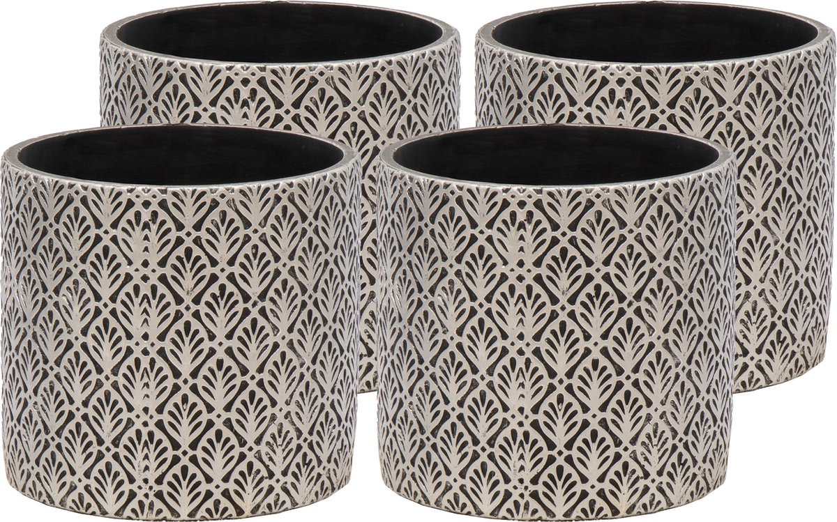 Mega Collections Plantenpot/bloempot - 4x - keramiek - antraciet grijs/zilver - D11 x H10 cm