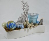 ZoeZo Design - kerststukje - kerststuk - kerstdecoratie - kerstversiering - met waxinelichtjeshouder - aardewerk potje - wit - blauw - 26x19x7 cm