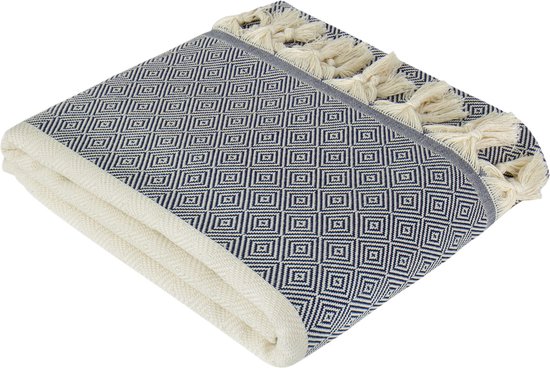 Trimita Geweven Sprei - Grand foulard - Diamond - 100% Katoen - Natural/Marineblauw - 200 x 240 cm