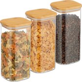 Bocal de conservation avec couvercle Relaxdays - lot de 3 - 1500 ml - bambou - bocal de conservation carré en verre