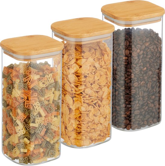 Bocal de conservation avec couvercle Relaxdays - lot de 3 - 1500 ml - bambou - bocal de conservation carré en verre