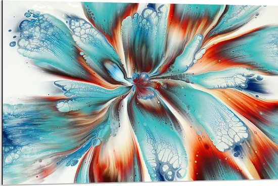 Dibond - Abstracte Verfmix van Blauw en Oranje - 90x60 cm Foto op Aluminium (Wanddecoratie van metaal)