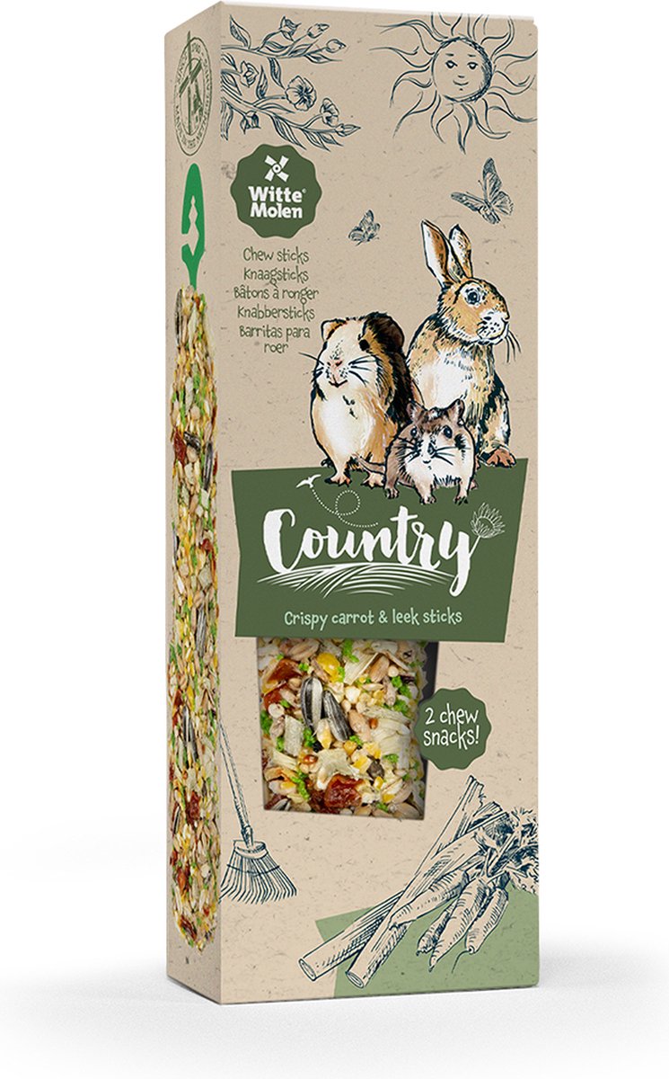 Witte Molen - Knaagdierensnack - Knaagdier - Country Knaagsticks Wortel & Prei 110g - 2st