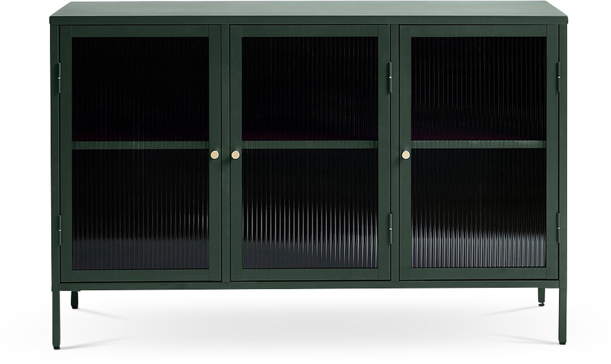 Olivine Katja Sideboard Groen - Dressoir - Metaal - Met Glas - 3 Deuren - Verstelbare Planken - Industrieel - 132 cm