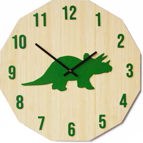 Phanti - Kinderklok - Dierenklok - Lokaal product - Handgemaakt - Dino/triceratops - Bamboe/Staal - Groen - 43cm - Stil Europees uurwerk - Cadeau