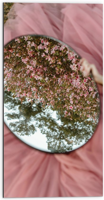 Dibond - Bloesemstruik in Spiegel in Handen van Vrouw in Roze Jurk - 50x100 cm Foto op Aluminium (Met Ophangsysteem)