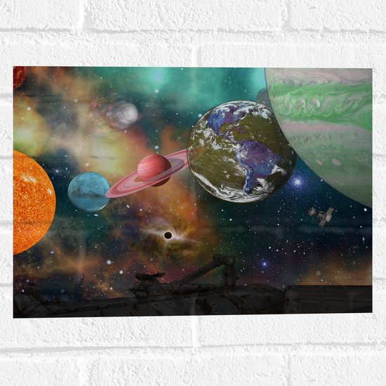 Muursticker - Alle Planeten van het Universum vanaf Ruimteschip - 40x30 cm Foto op Muursticker