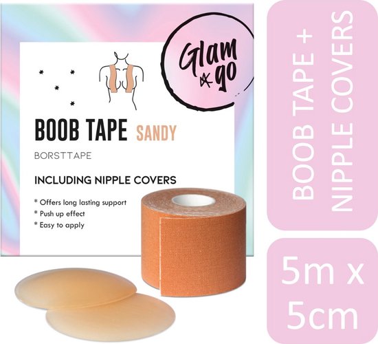 Glam & Go Boob Tape - met 2 Siliconen Nipple Covers - 5 Meter | plak bh - borst lift tape - tepelcovers - fashion tape - waterbestendig