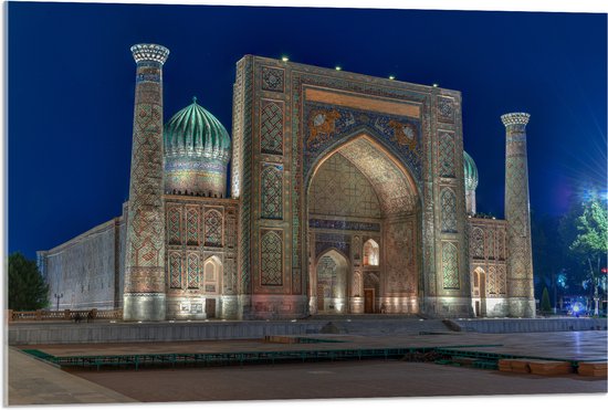 Acrylglas - Sher Dor Madrasah Tempel in Oezbekistan - 90x60 cm Foto op Acrylglas (Wanddecoratie op Acrylaat)