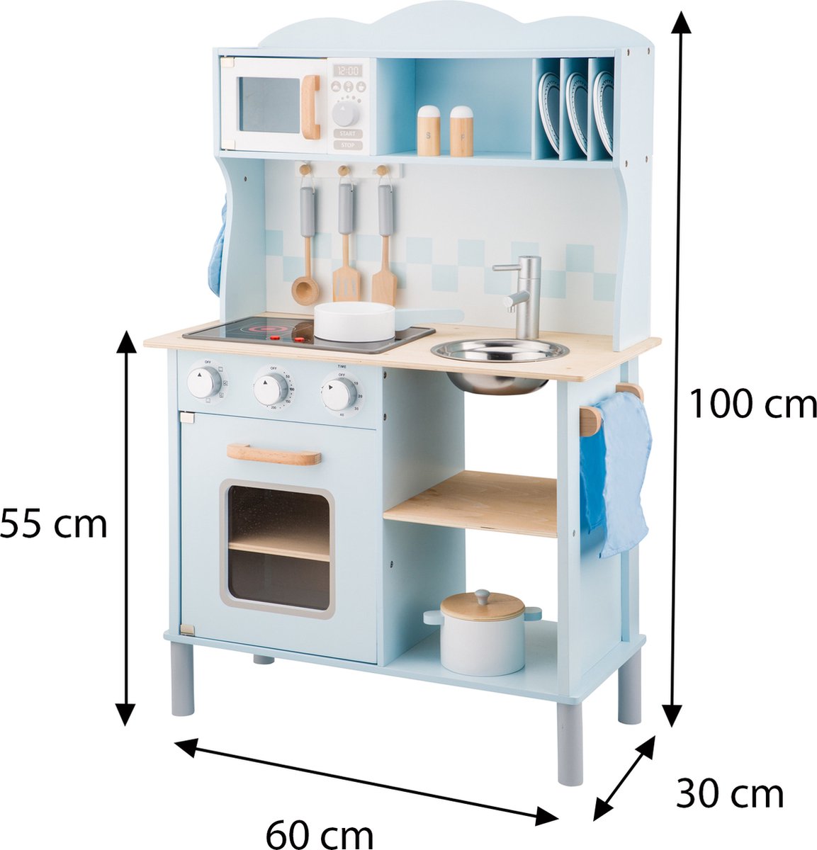 Woet® Houten Speelgoed Kinderkeuken - Speelkeukentje met Kookplaat met Licht en Geluid - Speelkeuken Blauw met Diverse Accessoires - Werkbladhoogte 55 cm - Rollenspel - Vanaf 3 Jaar — afbeelding 3