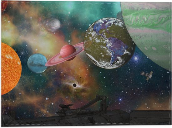 Vlag - Alle Planeten van het Universum vanaf Ruimteschip - 40x30 cm Foto op Polyester Vlag