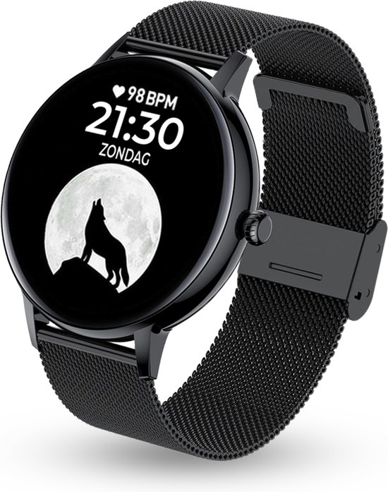 AyeWay Smartwatch - Waterdicht & Touchscreen - Rond Stalen Band - 70 Sportmodes - Met App - Smartwatch Heren & Dames - Zwart