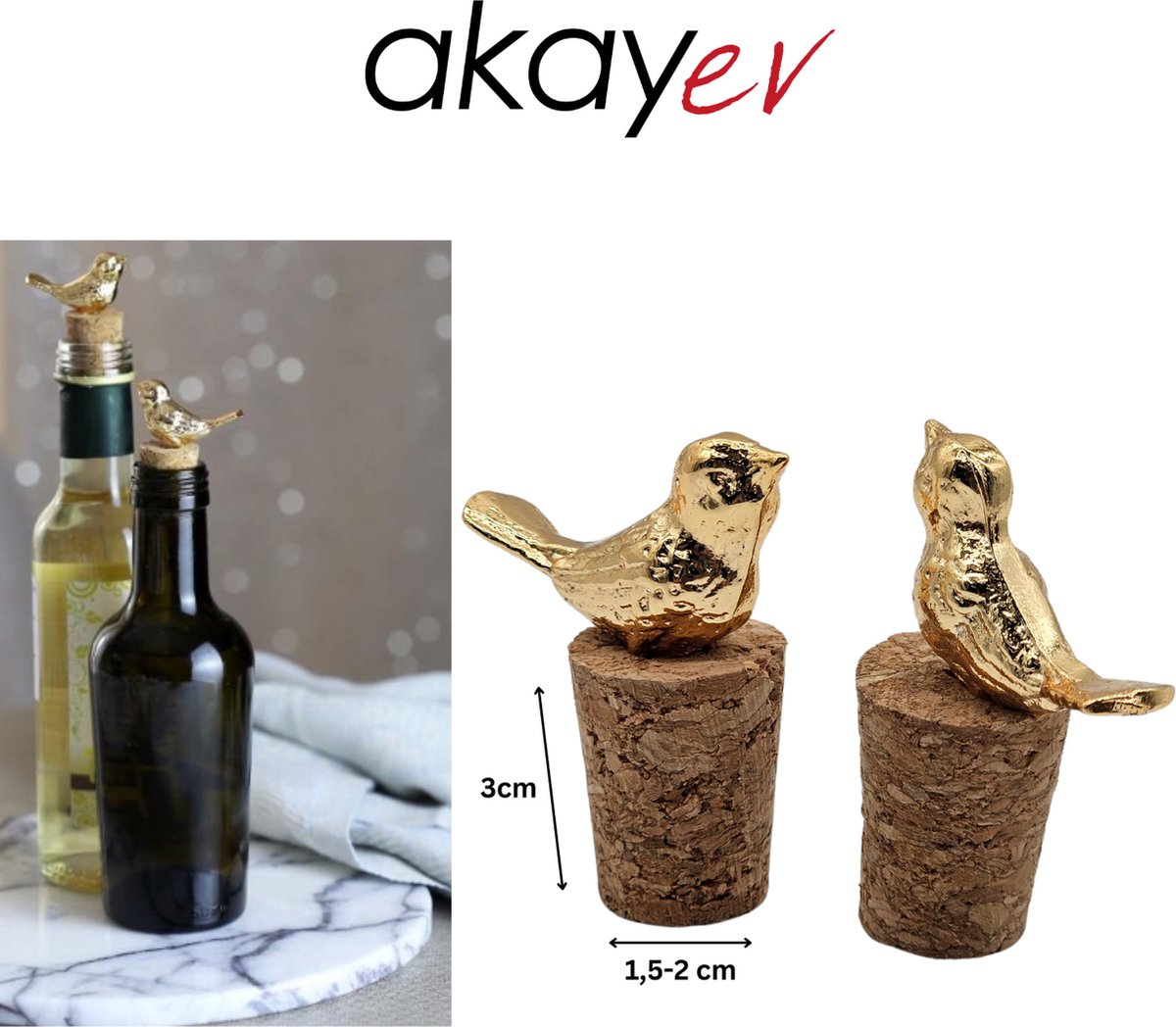 2x Flessenstopper Gouden Duifje flessenstop - Wijnstopper - Flessendop - Met Kurk - Kurkje - Akayev