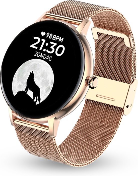 AyeWay Smartwatch - Waterdicht & Touchscreen - Rond Stalen Band - 70 Sportmodes - Met App - Smartwatch Heren & Dames - Roze