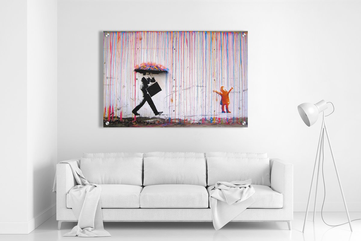 BANKSY Colorful Rainbow Umbrella, Dancing Girl - Kleurrijke Regenboog, Dansend Meisje - Acrylglas Perspex Plexiglas Print
