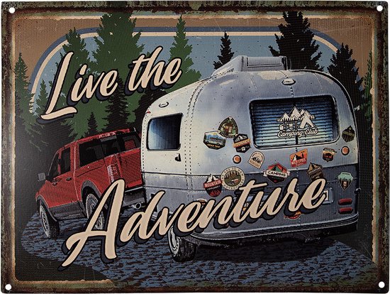 Clayre & Eef Tekstbord 33x25 cm Blauw Ijzer Caravan Live the Adventure Wandbord