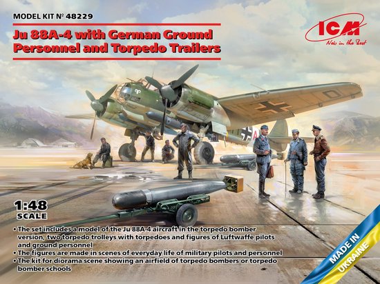 ICM Modelbouwpakket Militaire voertuigen - 48229 Ju 88A-4 w/German Ground Personnel - Torpedo Trailers Plastic - 1:48 - Modelbouw