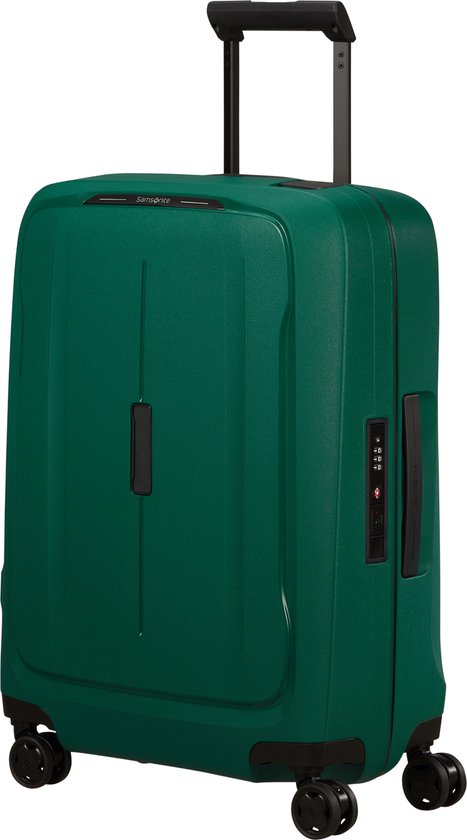 Groene Samsonite koffer op wielen met trekstang omhoog. Zwart handvat en cijferslot.