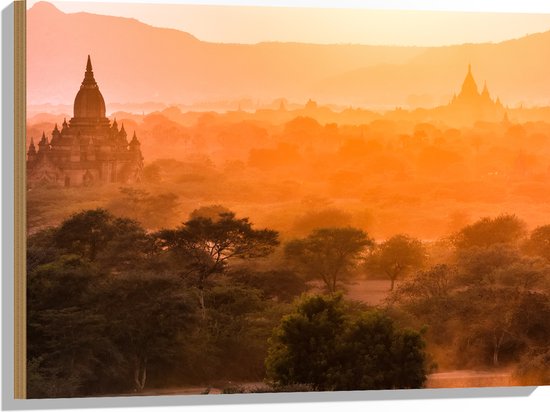Hout - Fel Zonlicht over de Tempels van Myanmar - 80x60 cm - 9 mm dik - Foto op Hout (Met Ophangsysteem)