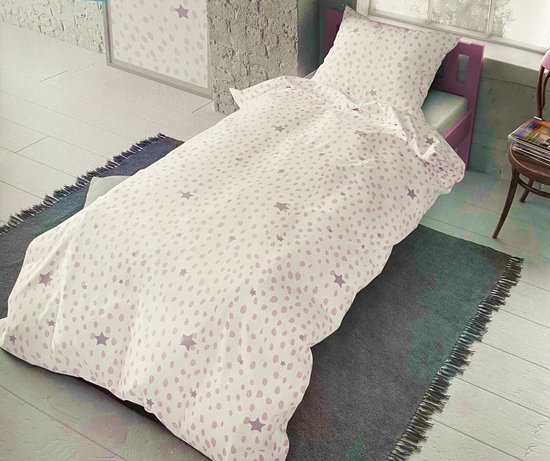 1-persoons meisjes dekbedovertrek (dekbed hoes) wit met roze stippen en  sterren 140 x... | bol.com