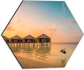 Dibond Hexagon - Luxe Vakantieverblijven boven de Zee aan de Maledieven - 30x26.1 cm Foto op Hexagon (Met Ophangsysteem)