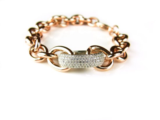 Armband in zilver roosgoud vergulde schakels en cubic zirconia