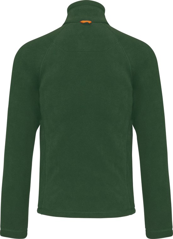 Dos d'une veste polaire verte avec détail orange sur le col.