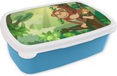 Broodtrommel Blauw - Lunchbox - Brooddoos - Aap - Jungle - Jongens - Meisjes - Bloemen - Kids - 18x12x6 cm - Kinderen - Jongen