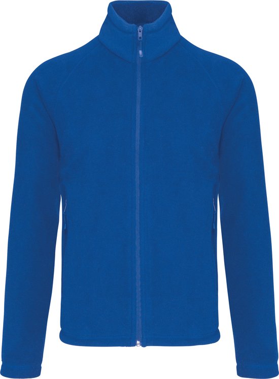 Kobaltblauwe fleece jas met rits over de volle lengte en opstaande kraag.