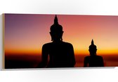 Hout - Silhouet van Boeddha's bij Feloranje Zonsondergang - 100x50 cm - 9 mm dik - Foto op Hout (Met Ophangsysteem)