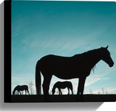 Canvas - Silhouet van Paarden in het Weiland onder Lichtblauwe Lucht - 30x30 cm Foto op Canvas Schilderij (Wanddecoratie op Canvas)