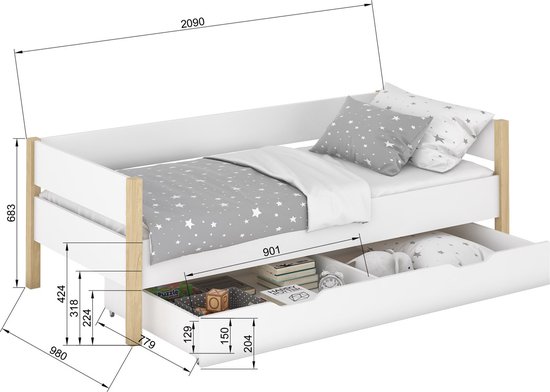Kinderbed 90 x 200 cm in massief hout met lattenbodem, met