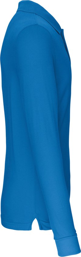 Zijaanzicht van een tropisch blauw herenpoloshirt met lange mouwen.