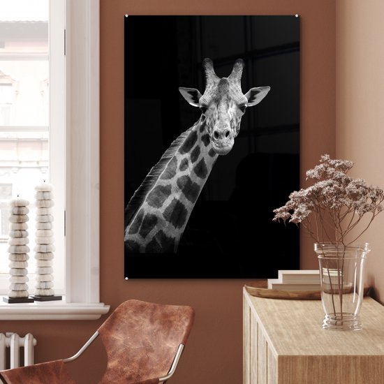 MuchoWow - Peinture sur verre - Girafe - Zwart - Wit - Photo sur verre - Verre acrylique - Décoration murale - 80x120 cm - Salon - Décoration murale animaux - Décoration maison
