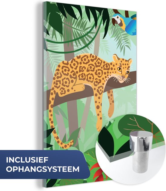 MuchoWow® Glasschilderij 60x90 cm - Schilderij acrylglas - Jungle dieren - Toekan - Jongens - Meiden - Luipaard - Foto op glas - Schilderijen