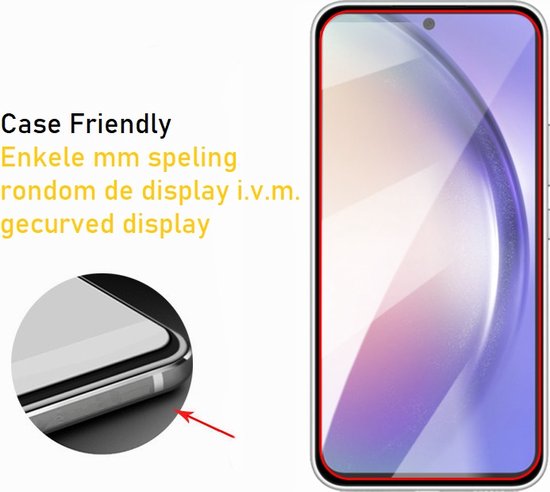 Case friendly screenprotector met enkele mm speling rond display i.v.m. gecurveerd display.