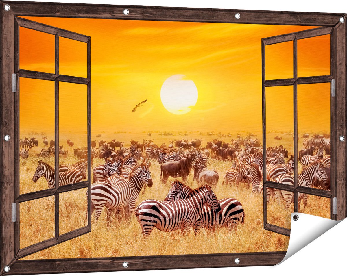Gards Tuinposter Doorkijk Kudde Zebra's bij een Oranje Zonsondergang - 120x80 cm - Tuindoek - Tuindecoratie - Wanddecoratie buiten - Tuinschilderij Donker bruin