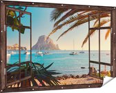 Gards Tuinposter Doorkijk Ibiza Cala d'Hort Strand - 180x120 cm - Tuindoek - Tuindecoratie - Wanddecoratie buiten - Tuinschilderij