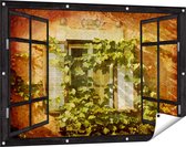 Gards Tuinposter Doorkijk Raam met Luiken - 120x80 cm - Tuindoek - Tuindecoratie - Wanddecoratie buiten - Tuinschilderij