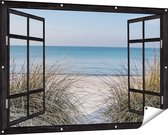 Gards Tuinposter Doorkijk Strand en Zee vanuit de Duinen - 150x100 cm - Tuindoek - Tuindecoratie - Wanddecoratie buiten - Tuinschilderij