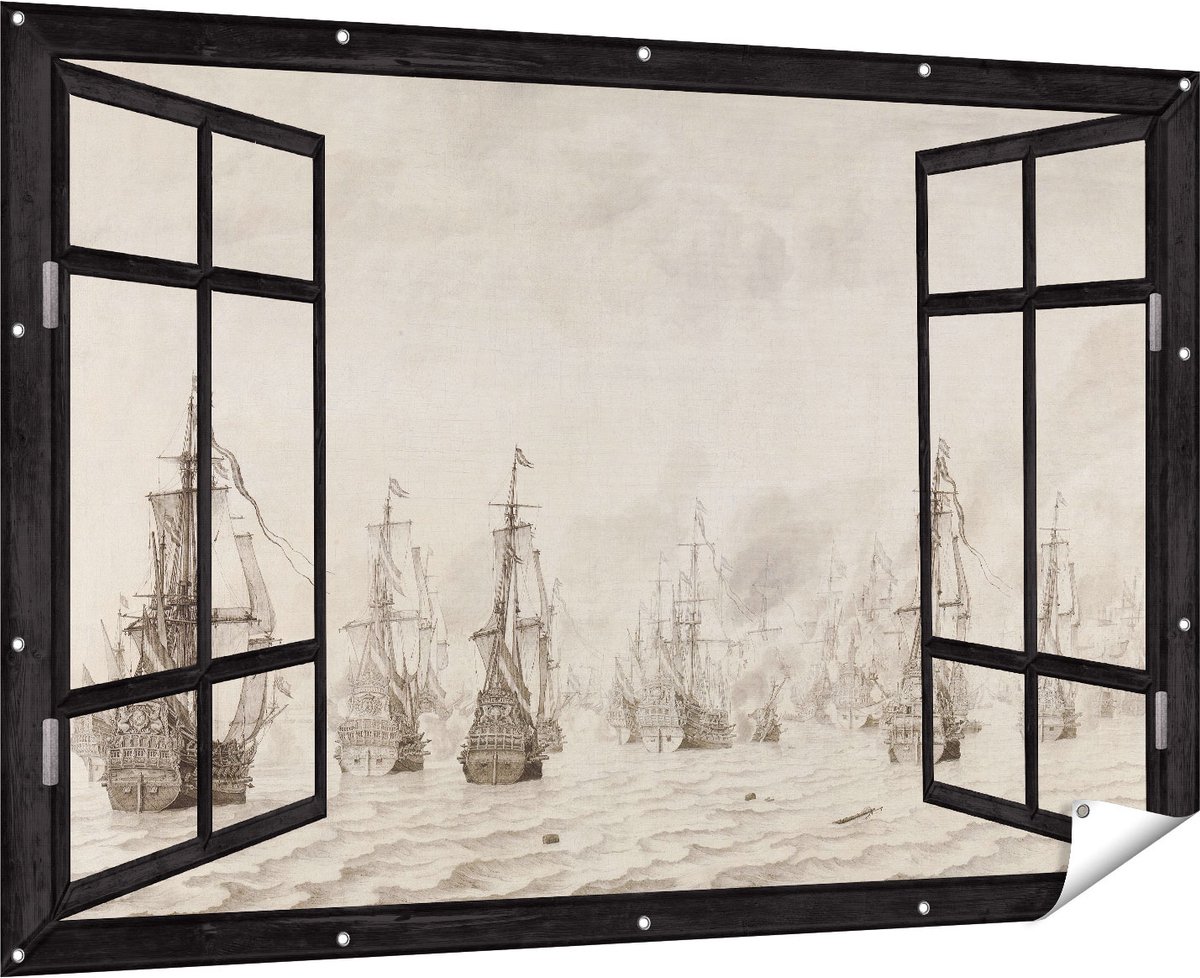 Gards Tuinposter Doorkijk De Zeeslag tegen de Spanjaarden bij Duinkerken - Willem van de Velde - 180x120 cm - Tuindoek - Tuindecoratie - Wanddecoratie buiten - Tuinschilderij Multikleur