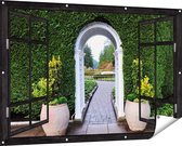 Gards Tuinposter Doorkijk Doorkijk met Potten - 150x100 cm - Tuindoek - Tuindecoratie - Wanddecoratie buiten - Tuinschilderij
