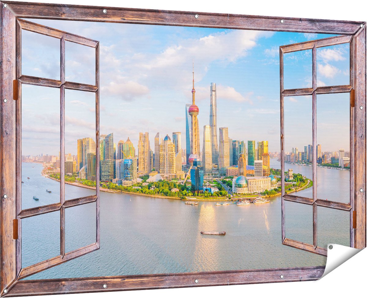 Gards Tuinposter Doorkijk Skyline Shanghai Stad in China - 180x120 cm - Tuindoek - Tuindecoratie - Wanddecoratie buiten - Tuinschilderij Multikleur