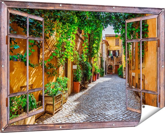 Gards Tuinposter Doorkijk Straatje in Rome met Groene Planten - 150x100 cm - Tuindoek - Tuindecoratie - Wanddecoratie buiten - Tuinschilderij